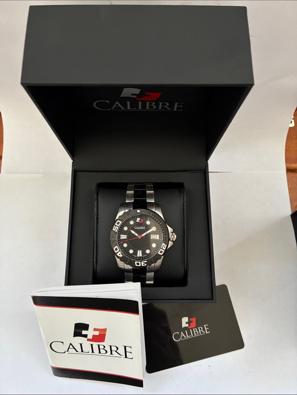 New Calibre Akron Black & Red Accent Stainless Steel Swiss Watch (Complete Set)